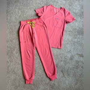 FIGS "Hot Coral" Catarina Top & Zamora Joggers Scrub Set Size XS